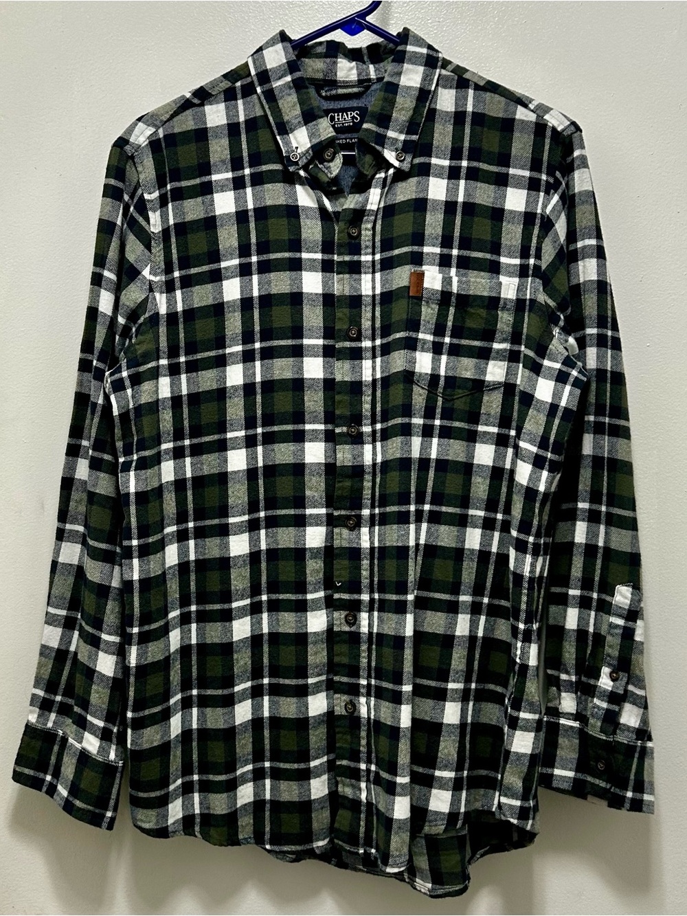 Chaps Men's Olive Green and Black Plaid Button-Down Shirt